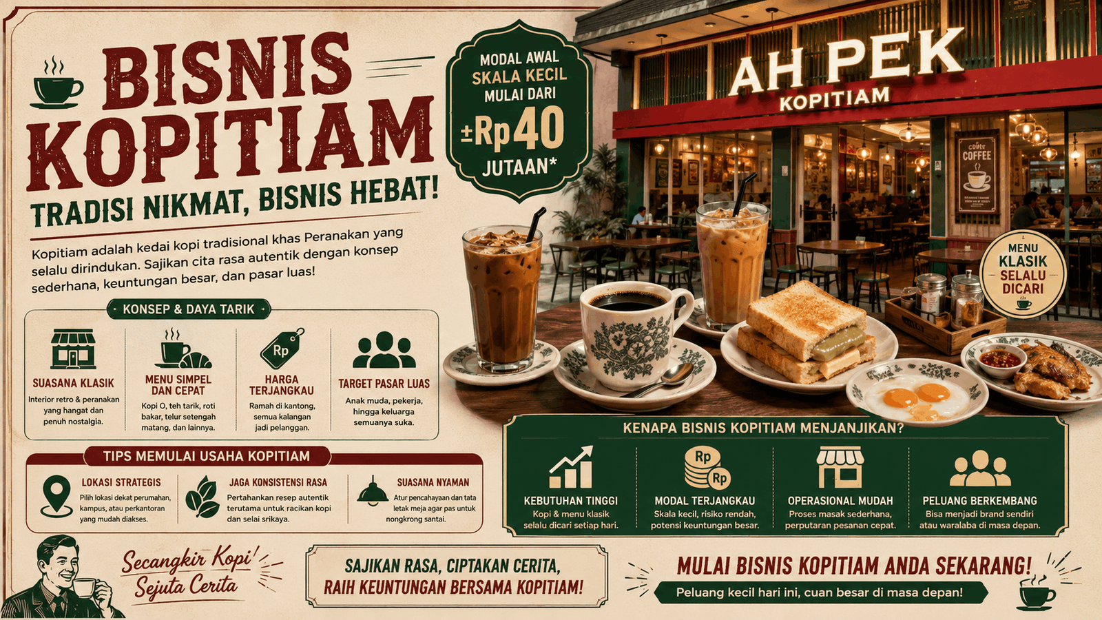 Ilustrasi bisnis franchise kopitiam modern dengan nuansa klasik heritage